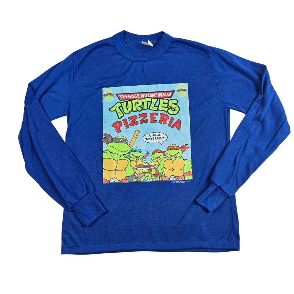Vintage 1988 Wormser TMNT Pizzeria Pajama Shirt Kids M 12-14 Blue Teenage Mutant